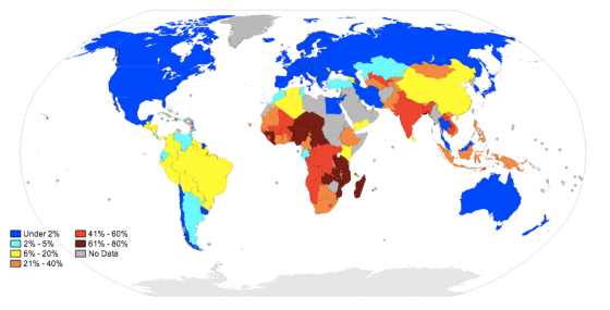 Répartition de la pauvreté absolue, en pourcentage par pays. Source: Wikipédia