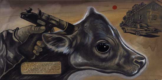 Sue Coe emprunte un angle très direct pour illustrer la violence commise envers les animaux.